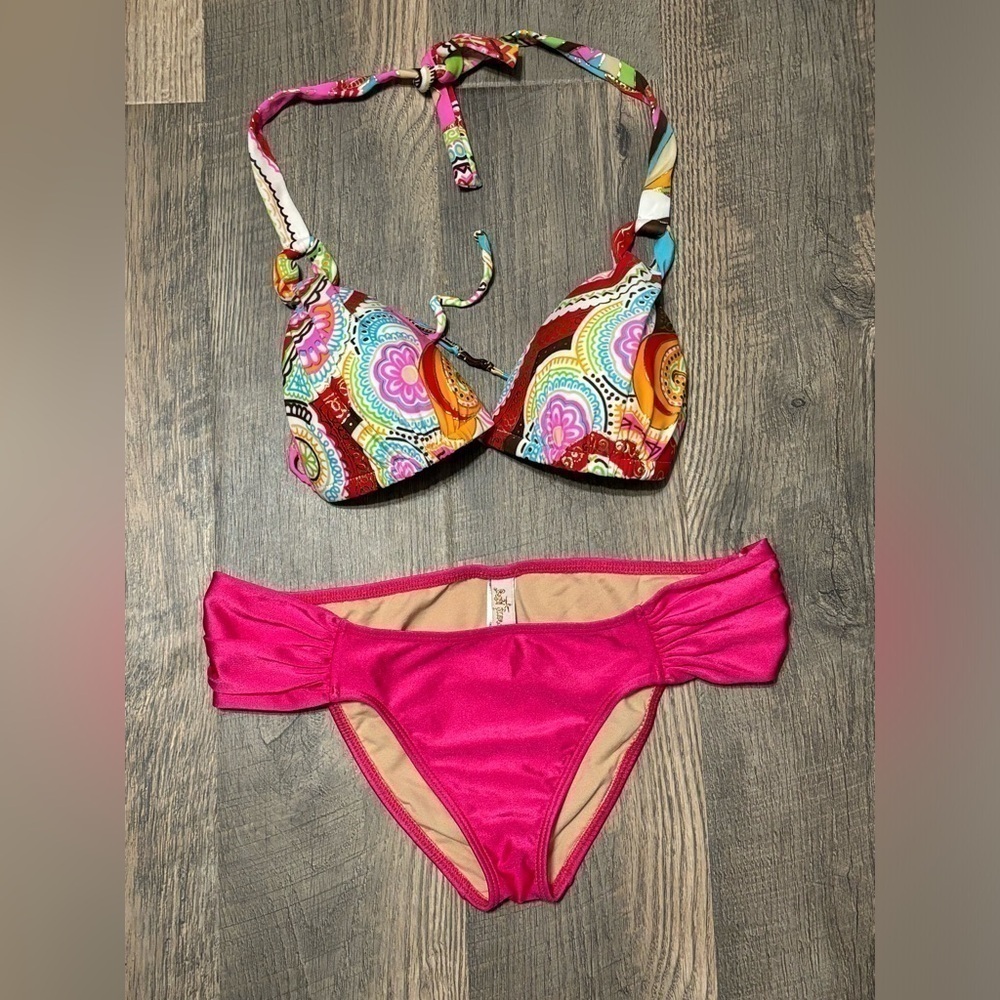 LULI FAMA Pink Multi Color MOLDED PUSH UP BANDEAU HALTER BIKINI Size Small